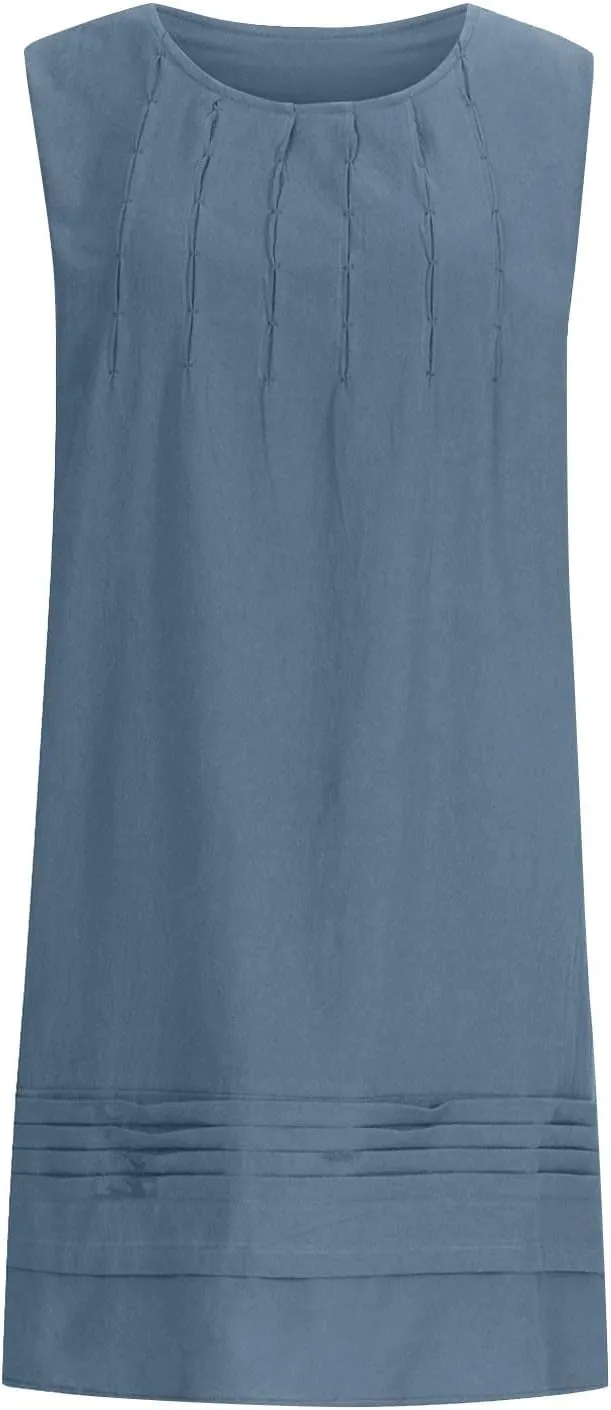 Cotton Linen Tank Dresses for Women Pleated Summer Crewneck Sleeveless Casual Mini Dress Beach Vacation Sundress