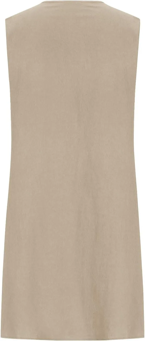 Cotton Linen Tank Dresses for Women Pleated Summer Crewneck Sleeveless Casual Mini Dress Beach Vacation Sundress