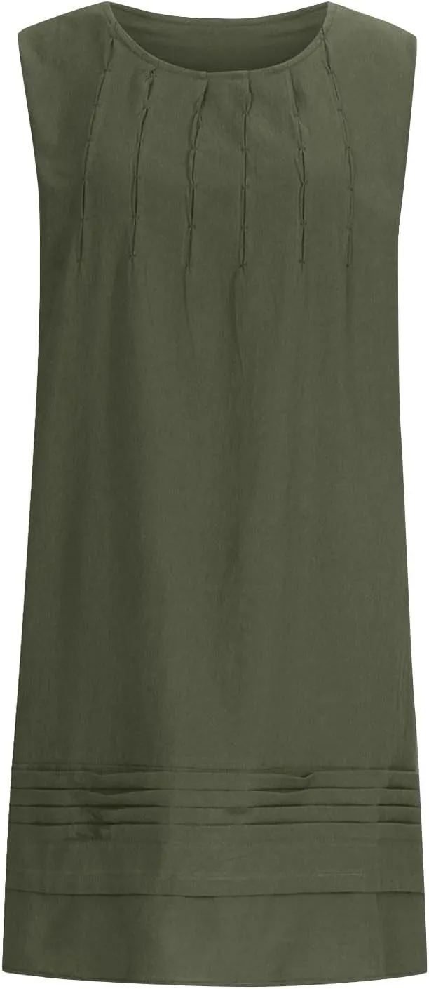 Cotton Linen Tank Dresses for Women Pleated Summer Crewneck Sleeveless Casual Mini Dress Beach Vacation Sundress