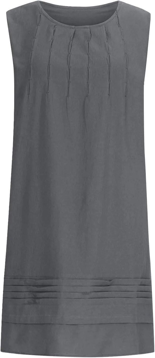 Cotton Linen Tank Dresses for Women Pleated Summer Crewneck Sleeveless Casual Mini Dress Beach Vacation Sundress