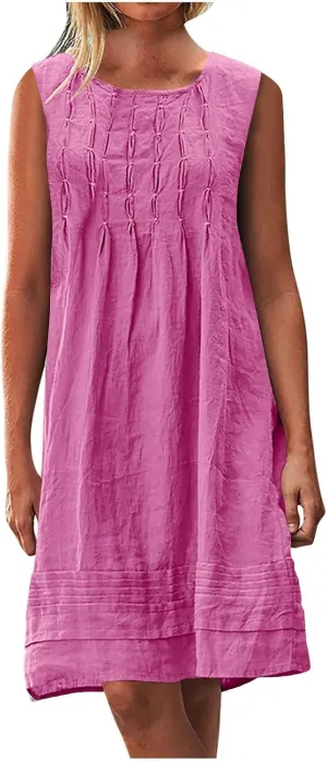 Cotton Linen Tank Dresses for Women Pleated Summer Crewneck Sleeveless Casual Mini Dress Beach Vacation Sundress