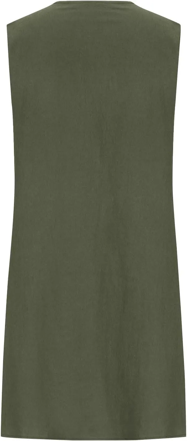 Cotton Linen Tank Dresses for Women Pleated Summer Crewneck Sleeveless Casual Mini Dress Beach Vacation Sundress