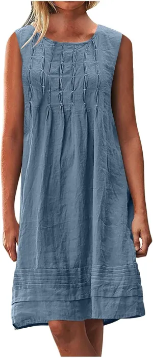 Cotton Linen Tank Dresses for Women Pleated Summer Crewneck Sleeveless Casual Mini Dress Beach Vacation Sundress