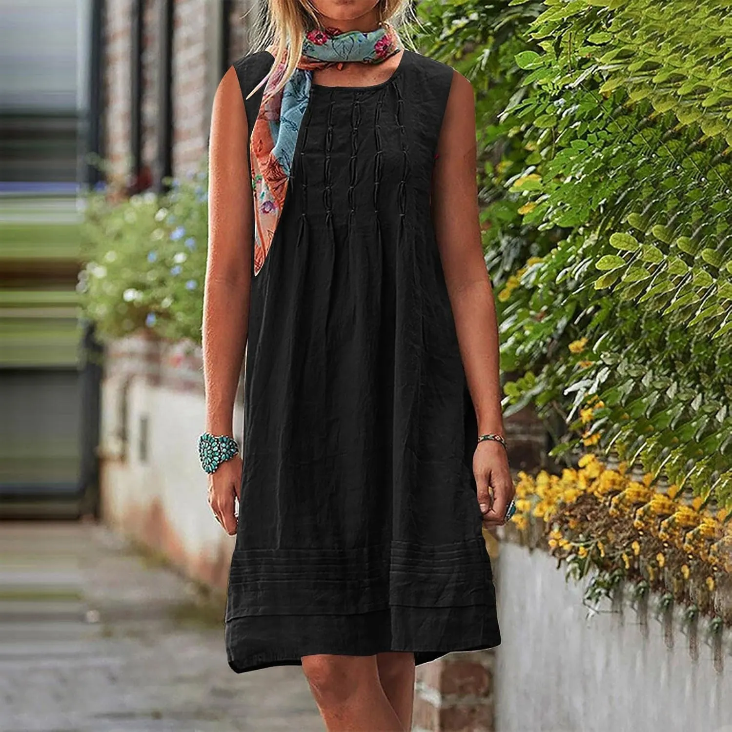 Cotton Linen Tank Dresses for Women Pleated Summer Crewneck Sleeveless Casual Mini Dress Beach Vacation Sundress