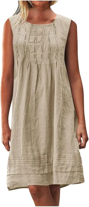 Cotton Linen Tank Dresses for Women Pleated Summer Crewneck Sleeveless Casual Mini Dress Beach Vacation Sundress