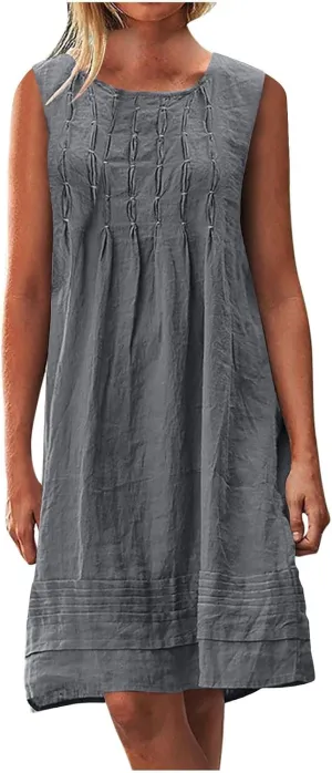 Cotton Linen Tank Dresses for Women Pleated Summer Crewneck Sleeveless Casual Mini Dress Beach Vacation Sundress