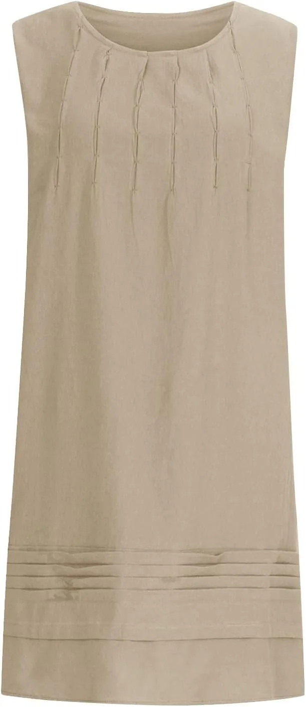 Cotton Linen Tank Dresses for Women Pleated Summer Crewneck Sleeveless Casual Mini Dress Beach Vacation Sundress