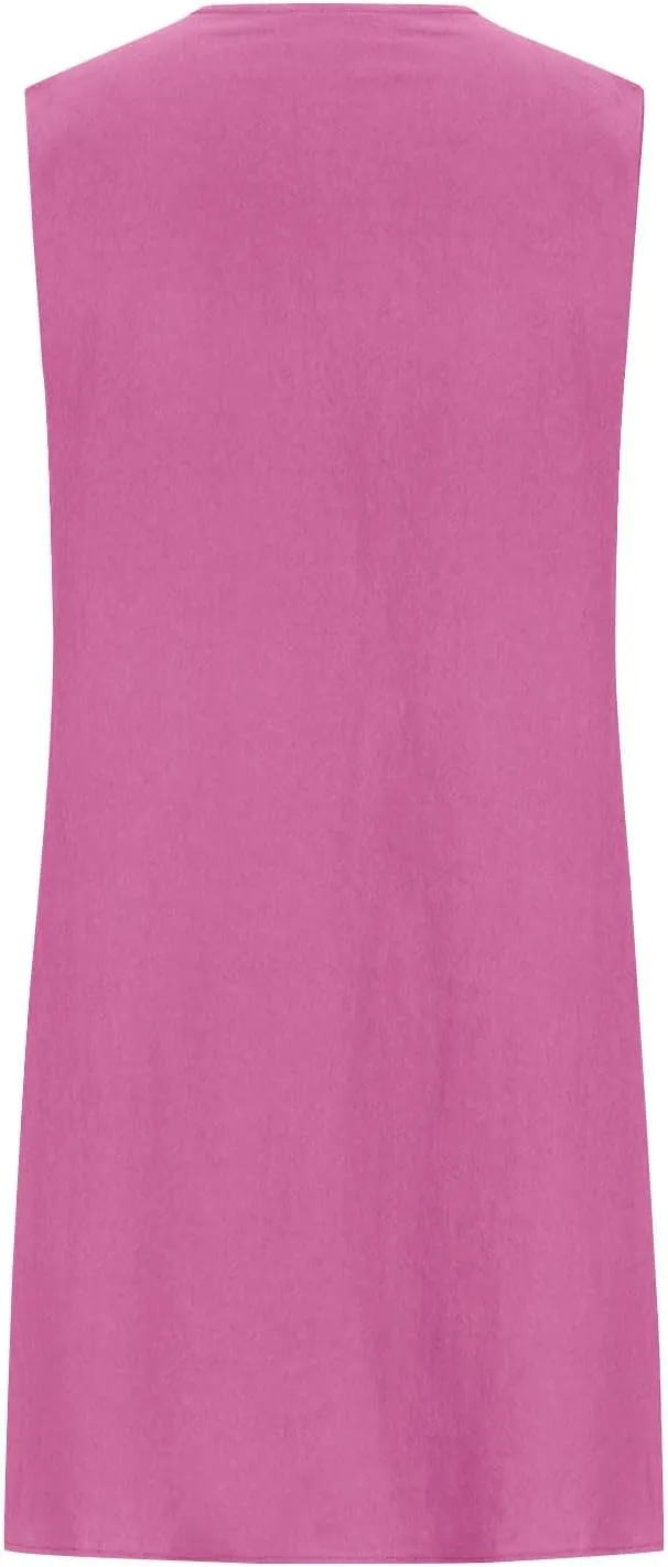 Cotton Linen Tank Dresses for Women Pleated Summer Crewneck Sleeveless Casual Mini Dress Beach Vacation Sundress