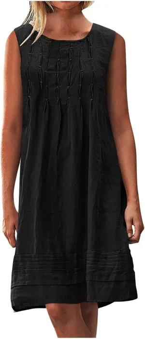 Cotton Linen Tank Dresses for Women Pleated Summer Crewneck Sleeveless Casual Mini Dress Beach Vacation Sundress