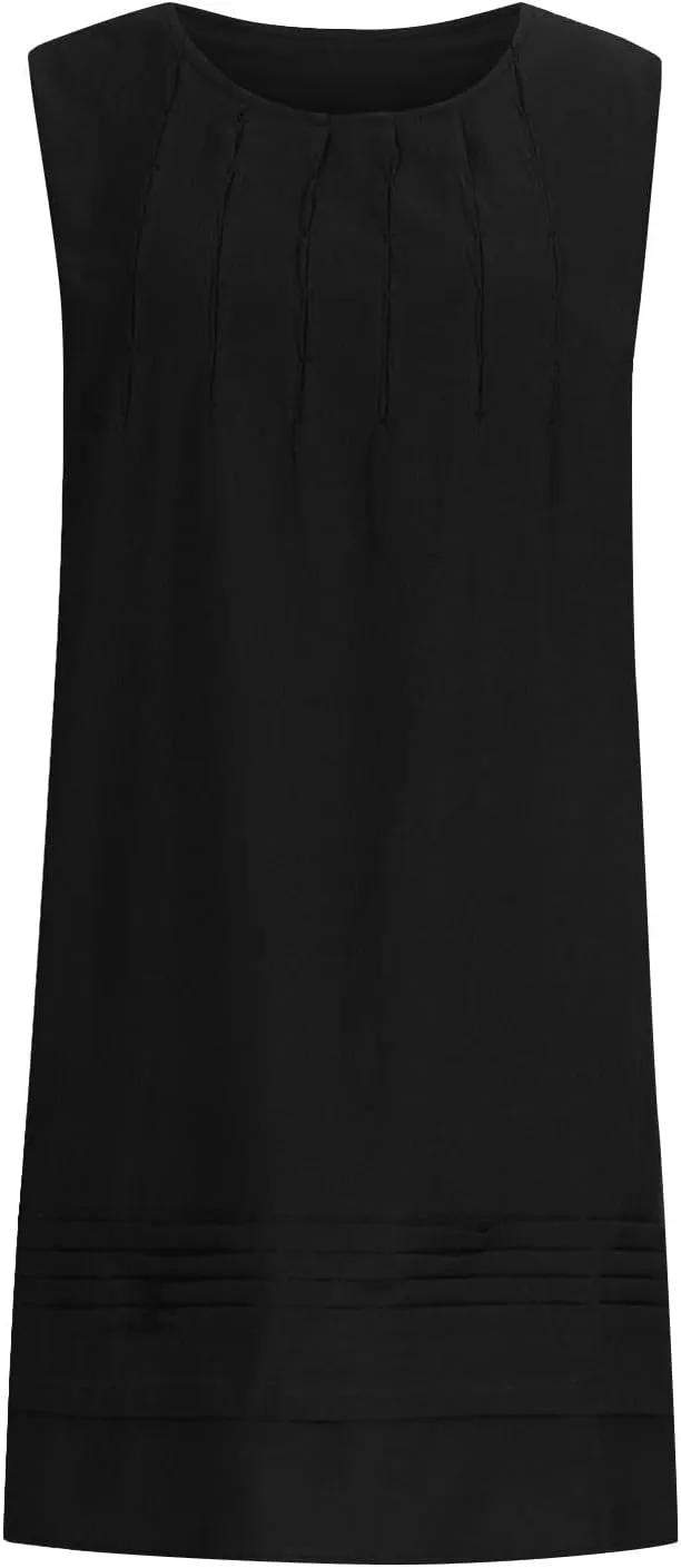 Cotton Linen Tank Dresses for Women Pleated Summer Crewneck Sleeveless Casual Mini Dress Beach Vacation Sundress