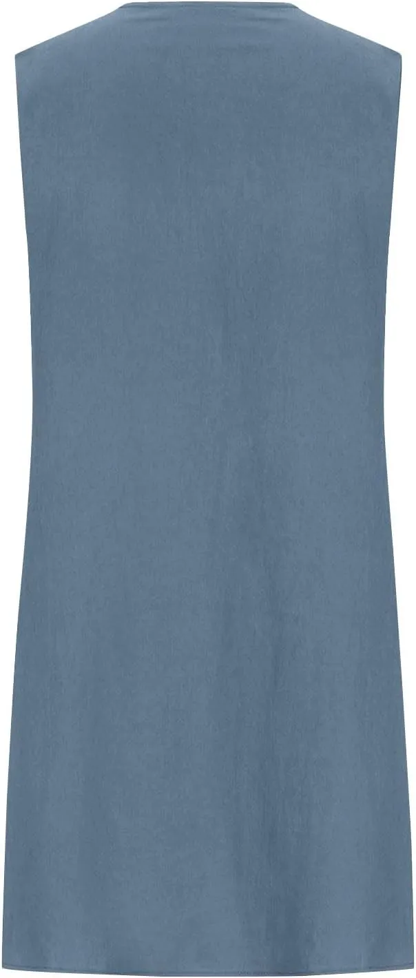 Cotton Linen Tank Dresses for Women Pleated Summer Crewneck Sleeveless Casual Mini Dress Beach Vacation Sundress