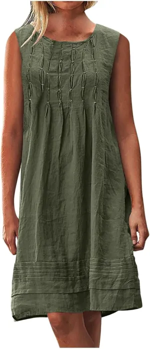 Cotton Linen Tank Dresses for Women Pleated Summer Crewneck Sleeveless Casual Mini Dress Beach Vacation Sundress