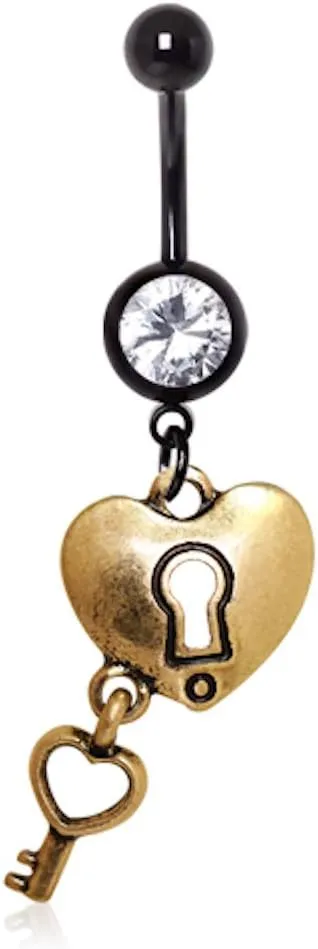 Covet Jewelry Brushed Gold Plated Heart Lock & Key Dangle Navel Ring