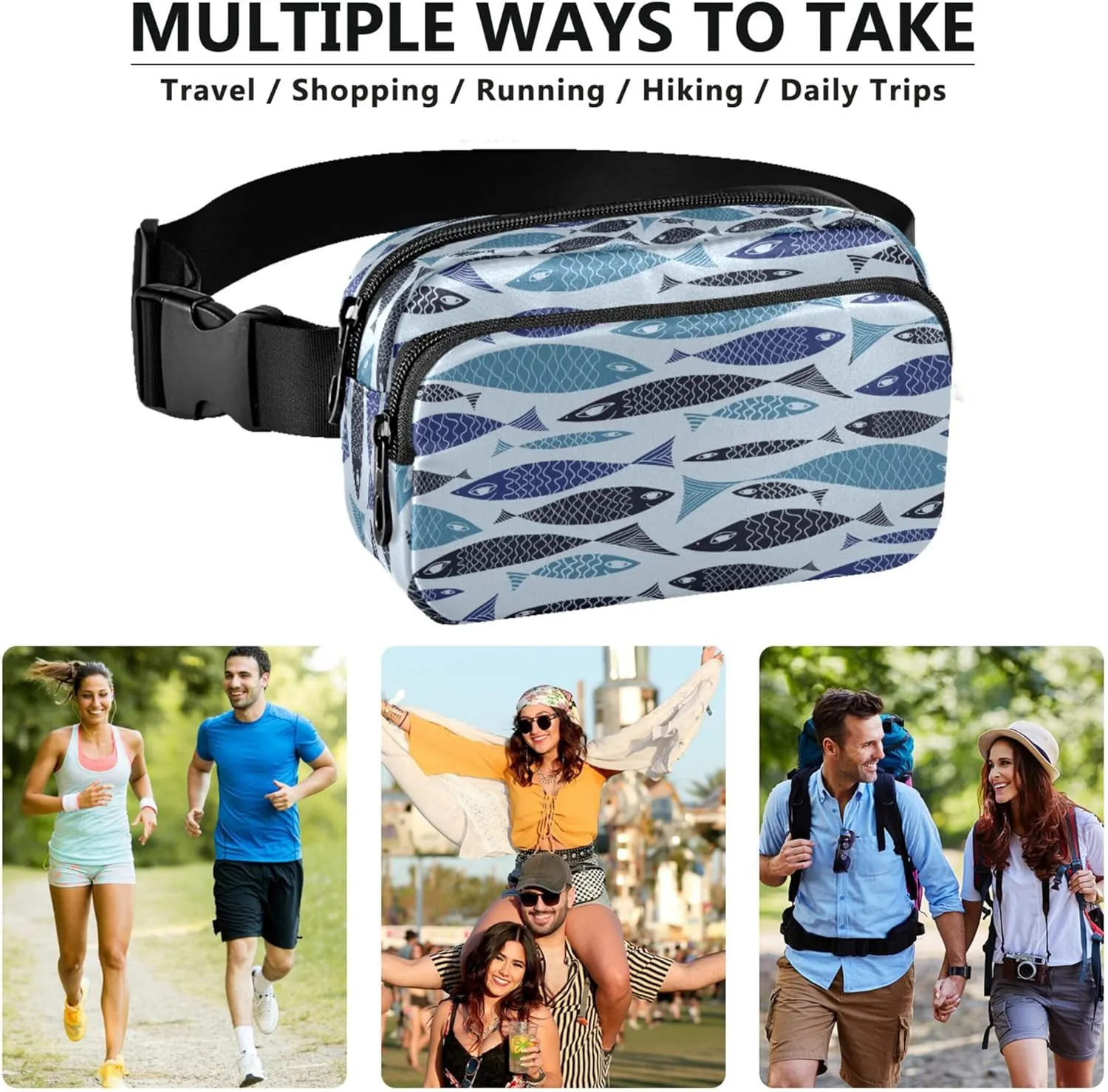 Custom Blue Fish Cartoon Fanny Packs Women Waterproof Anti Theft Belt Bag Funny Waist Purse for Women