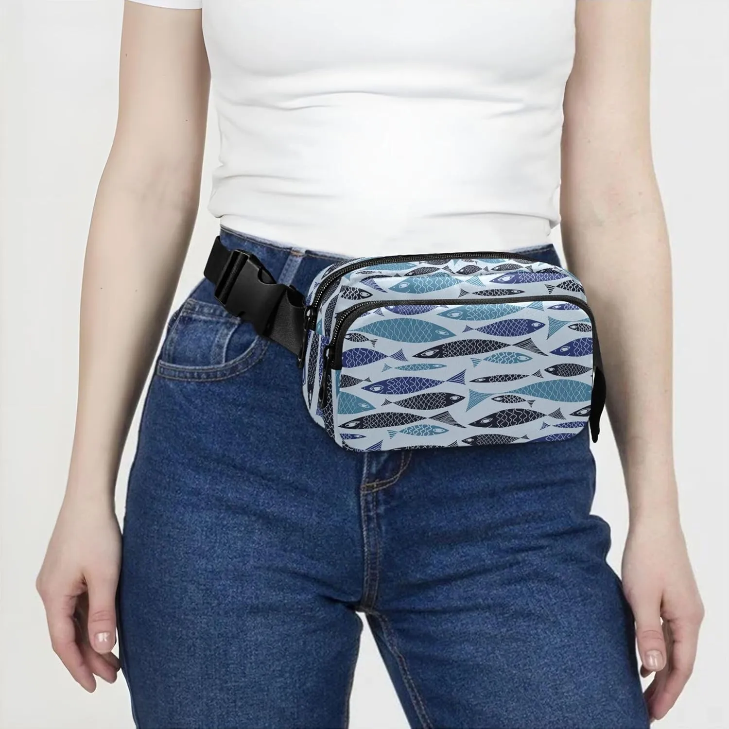 Custom Blue Fish Cartoon Fanny Packs Women Waterproof Anti Theft Belt Bag Funny Waist Purse for Women