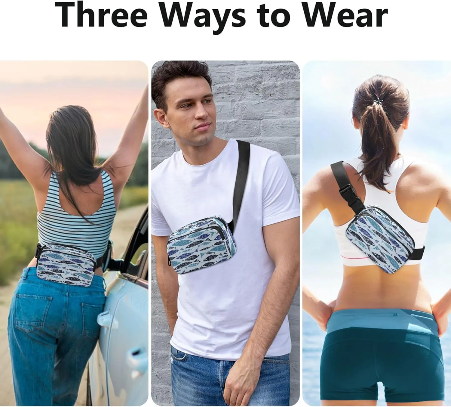 Custom Blue Fish Cartoon Fanny Packs Women Waterproof Anti Theft Belt Bag Funny Waist Purse for Women