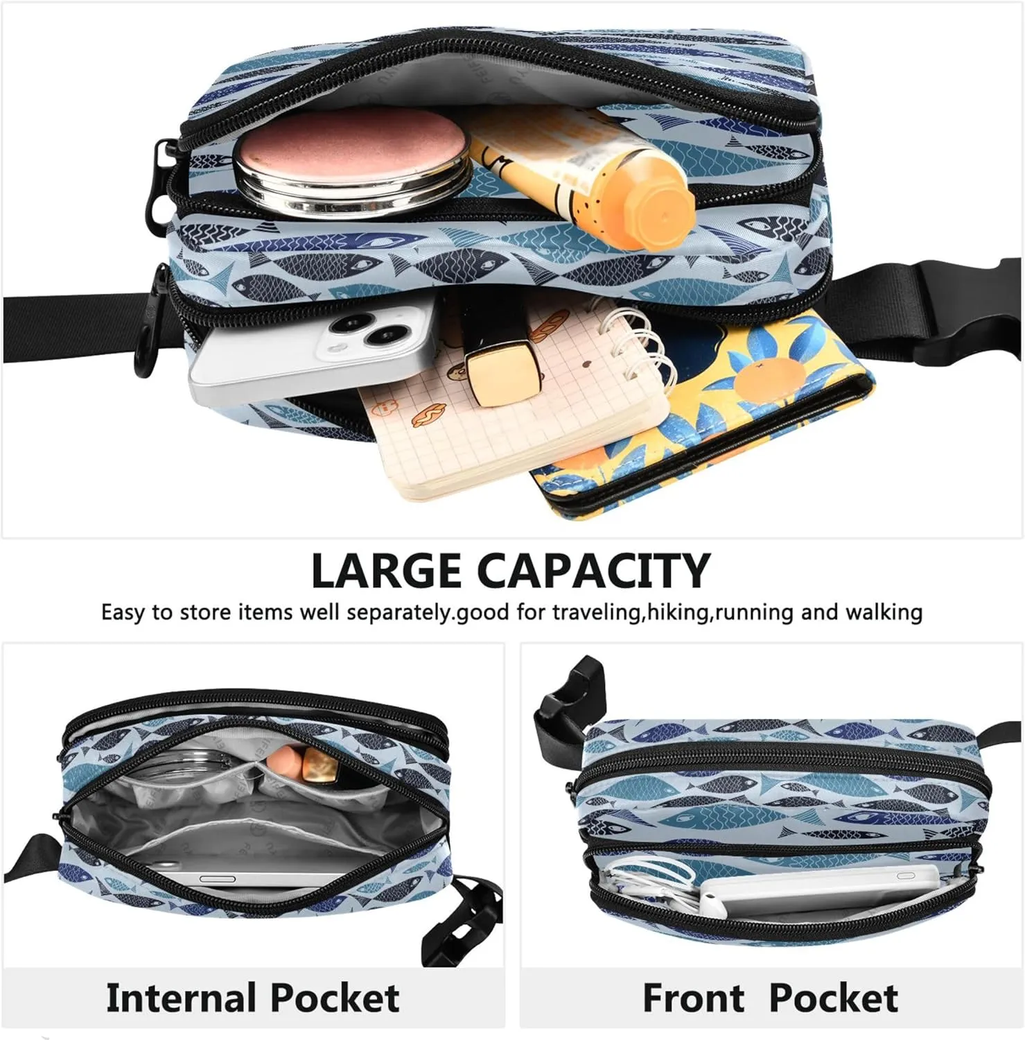 Custom Blue Fish Cartoon Fanny Packs Women Waterproof Anti Theft Belt Bag Funny Waist Purse for Women