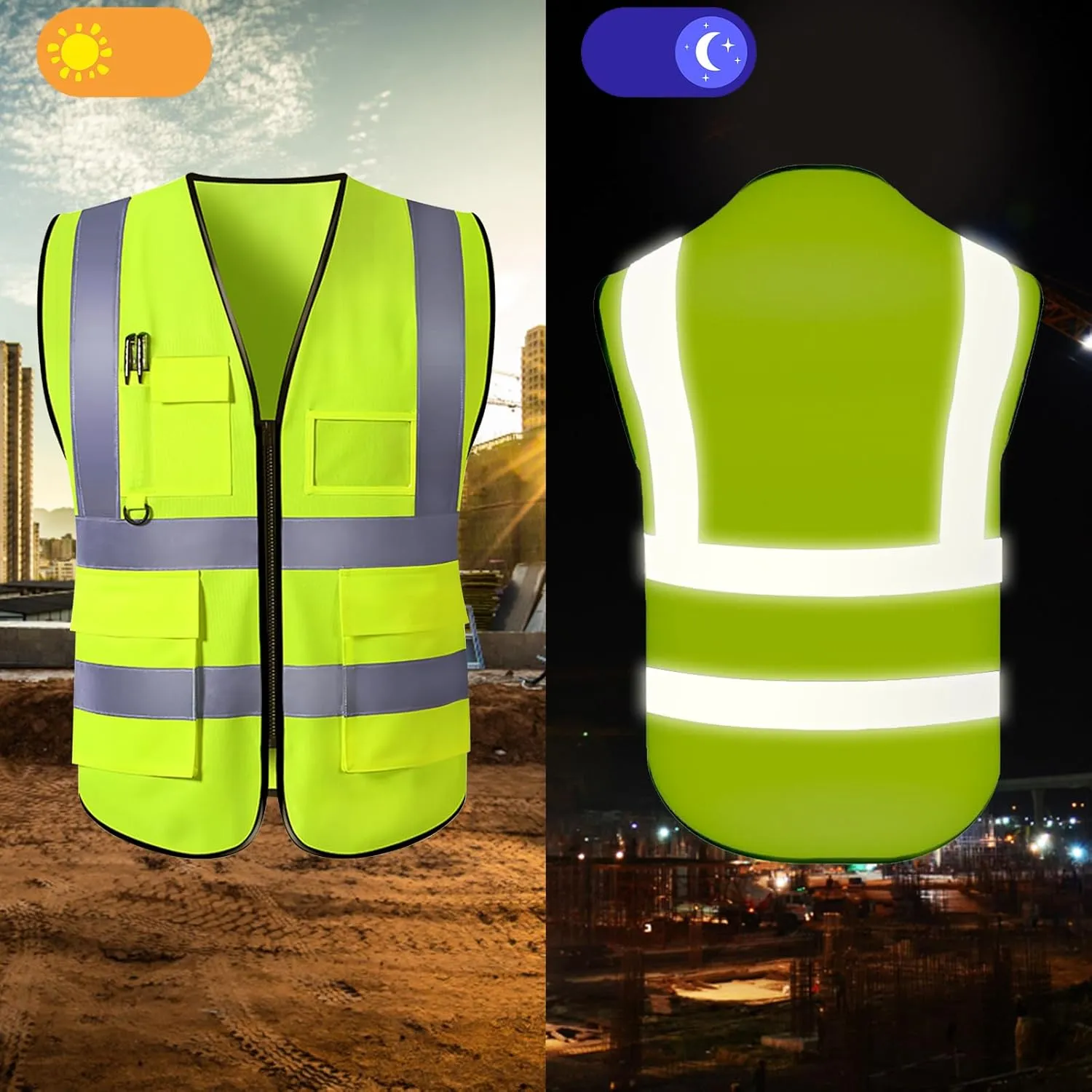 Custom Safety Vest High Visibility Reflective Vests with Pockets Zipper Customize Logo Class 2 for Men Construction Workwear