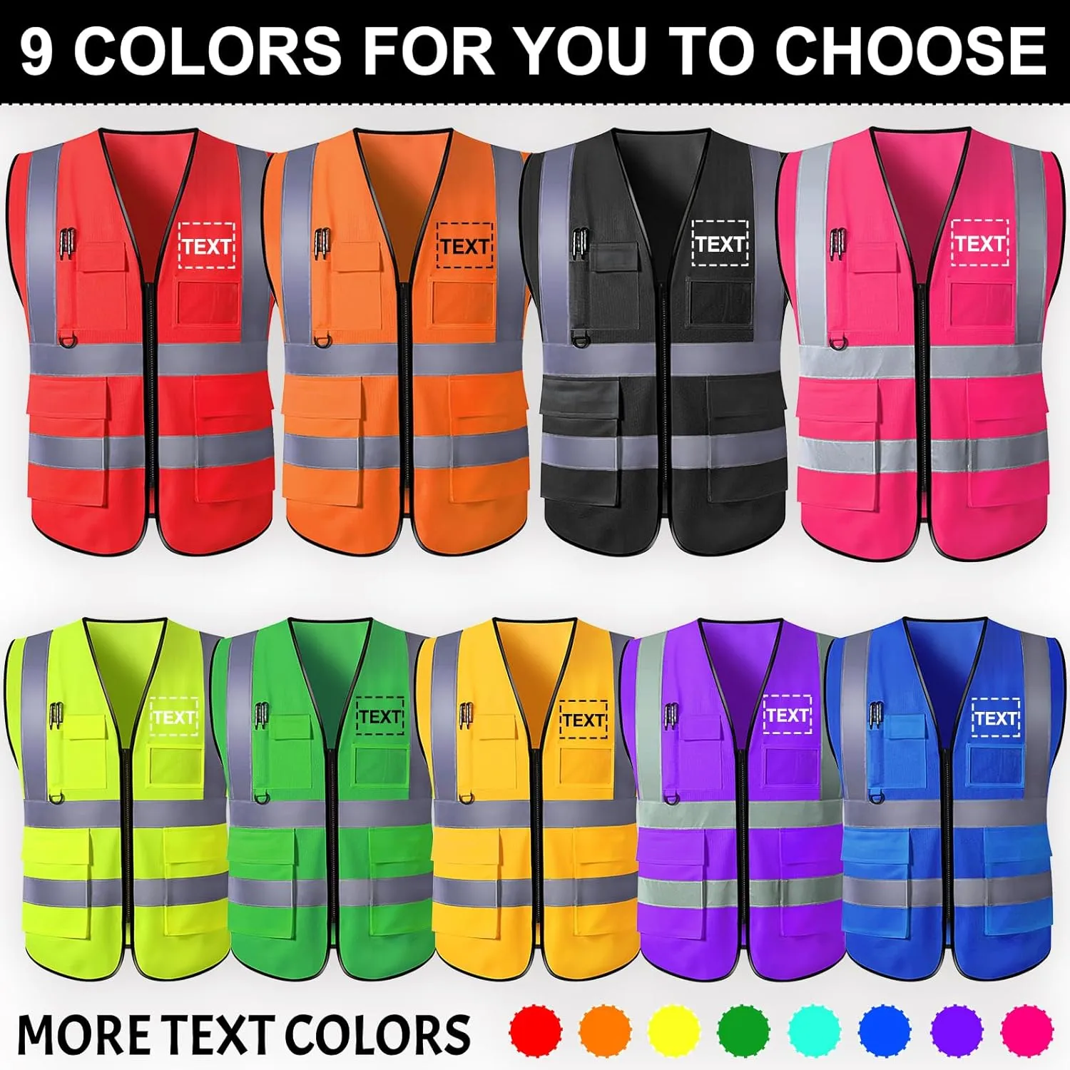 Custom Safety Vest High Visibility Reflective Vests with Pockets Zipper Customize Logo Class 2 for Men Construction Workwear