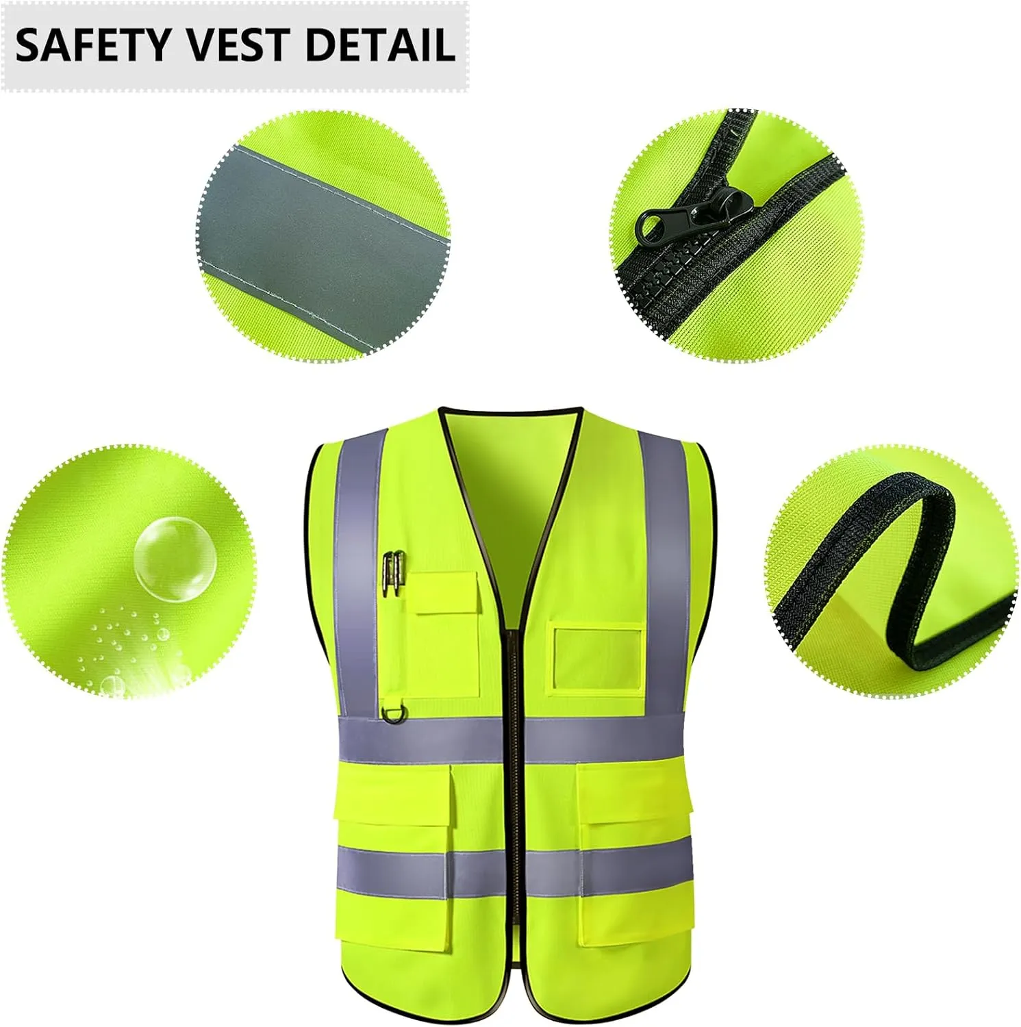 Custom Safety Vest High Visibility Reflective Vests with Pockets Zipper Customize Logo Class 2 for Men Construction Workwear