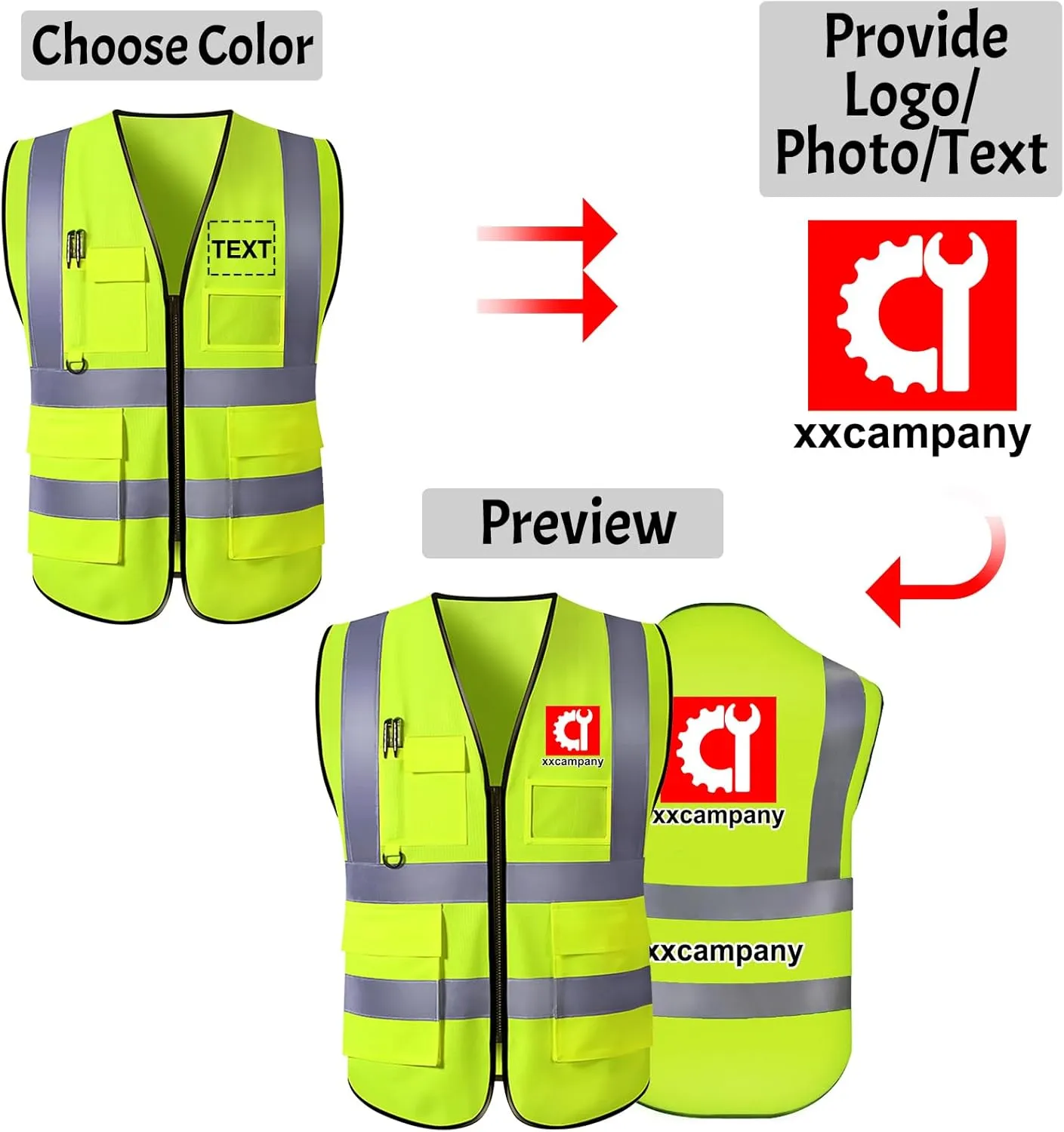 Custom Safety Vest High Visibility Reflective Vests with Pockets Zipper Customize Logo Class 2 for Men Construction Workwear