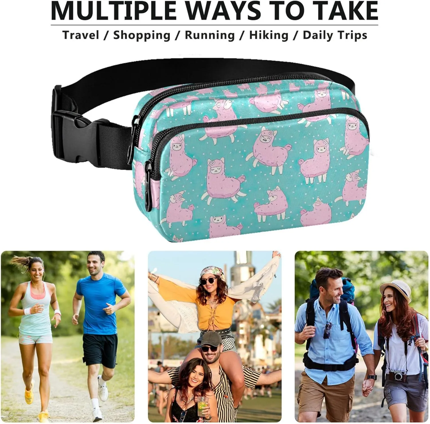 Cute Llama Alpaca Teal Pink Womens Fanny Pack Waterproof Belt Bags Hip Pack Funny Crossbody Waist Bag