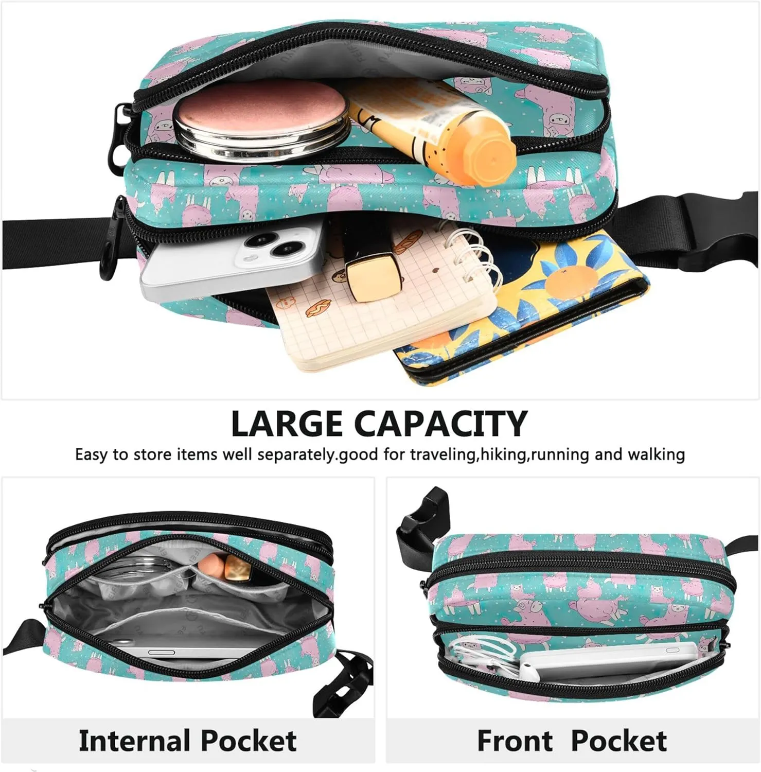 Cute Llama Alpaca Teal Pink Womens Fanny Pack Waterproof Belt Bags Hip Pack Funny Crossbody Waist Bag