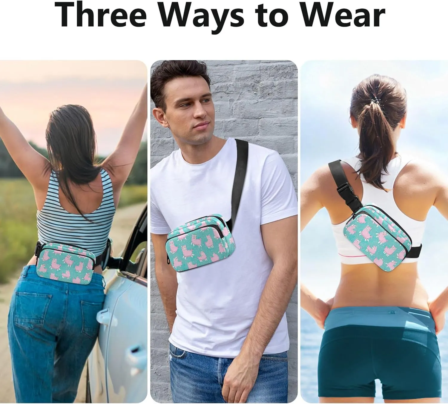 Cute Llama Alpaca Teal Pink Womens Fanny Pack Waterproof Belt Bags Hip Pack Funny Crossbody Waist Bag