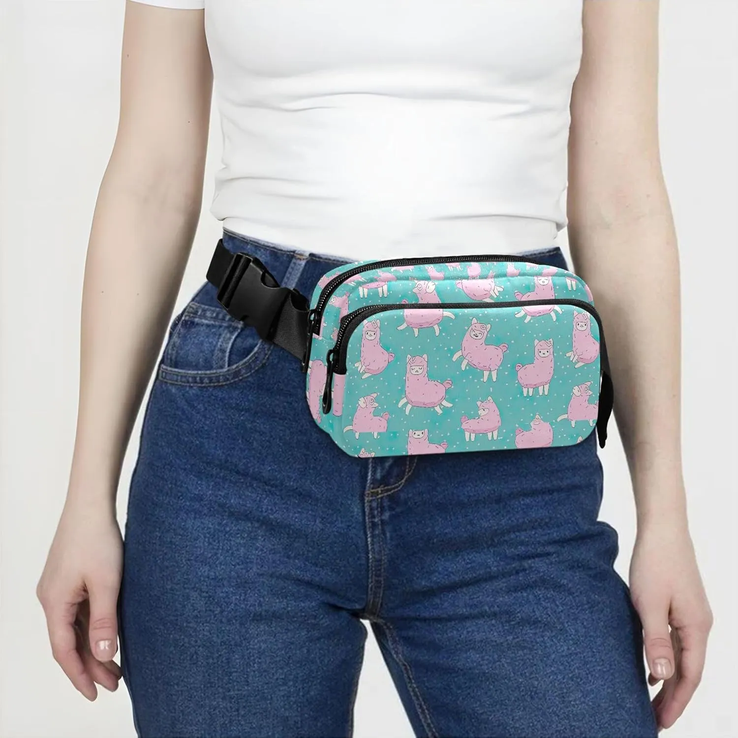 Cute Llama Alpaca Teal Pink Womens Fanny Pack Waterproof Belt Bags Hip Pack Funny Crossbody Waist Bag