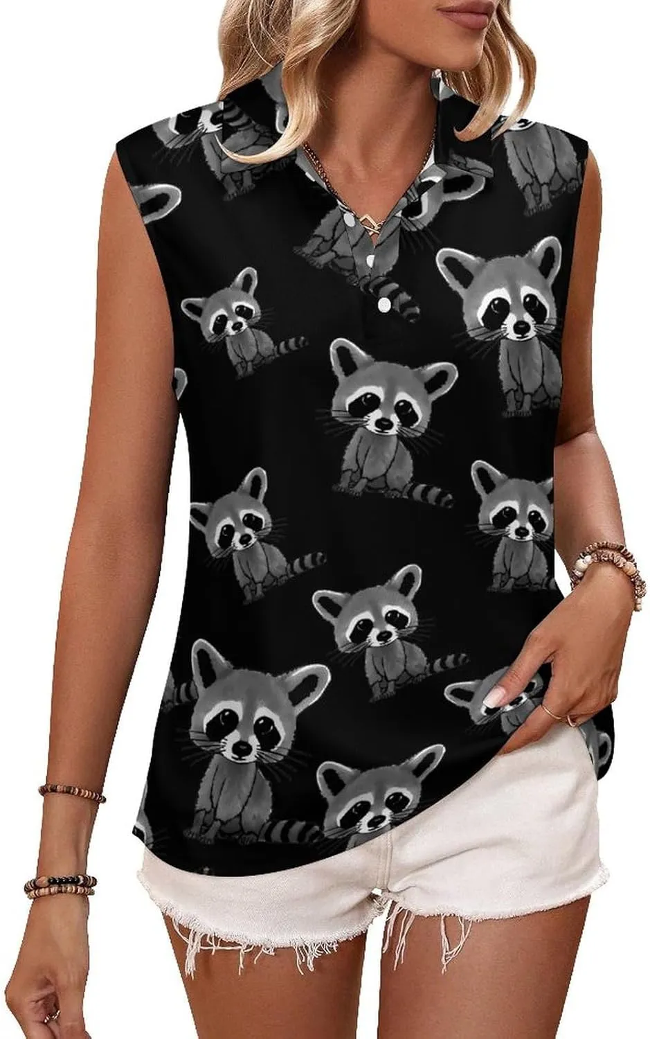 Cute Raccoon Women's Sleeveless Golf Polo Shirts Athletic Tank Tops