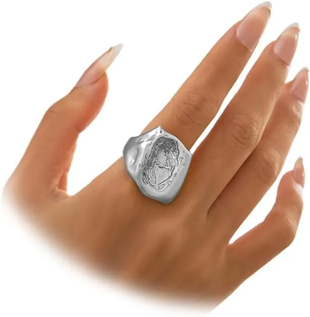 Dainty Chunky Gold Hammered Square Rings for Women, Statement Thick Sliver Irregular Concave Convex Ring Vintage Y2k Party Jewelry Costume Accessories