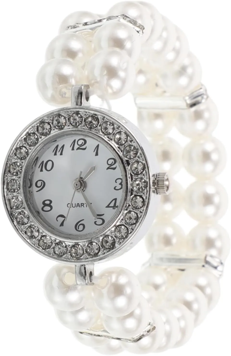 Dainty Vintage Pearl Cuff Watch for Women Double Row Rhinestone Embellished Bracelet present for Christmas Parties and Vintage Jewelry Lovers