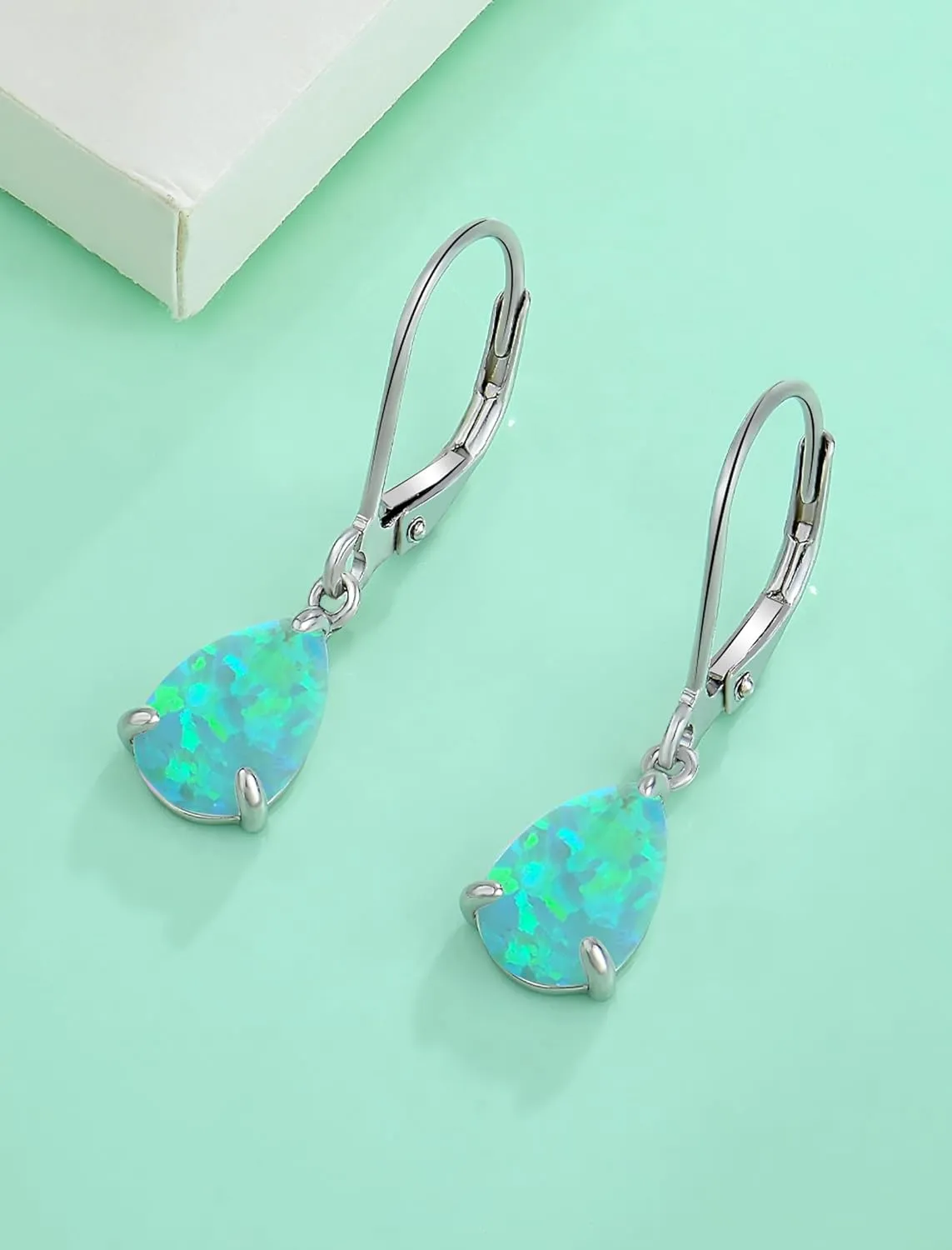 Dangle Drop Earrings 925 Sterling Silver Solitaire Leverback Earring Teardrop Created Opal Jewelry Gifts for Women