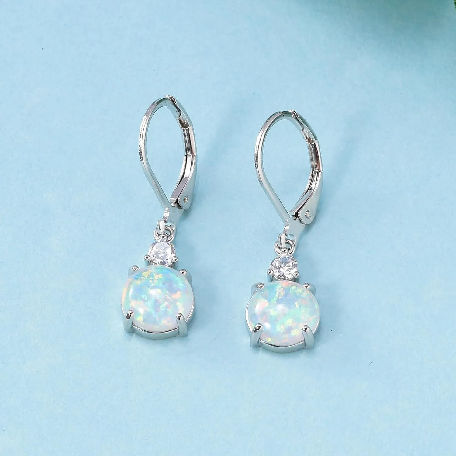 Datiny Round-Cut Opal Dangle Earrings Trendy 14k Gold Plated Dangle Earrings Leverback Gemstone Drop Earrings Hypoallergenic Birthstone CZ Earrings Jewelry Gifts for Women