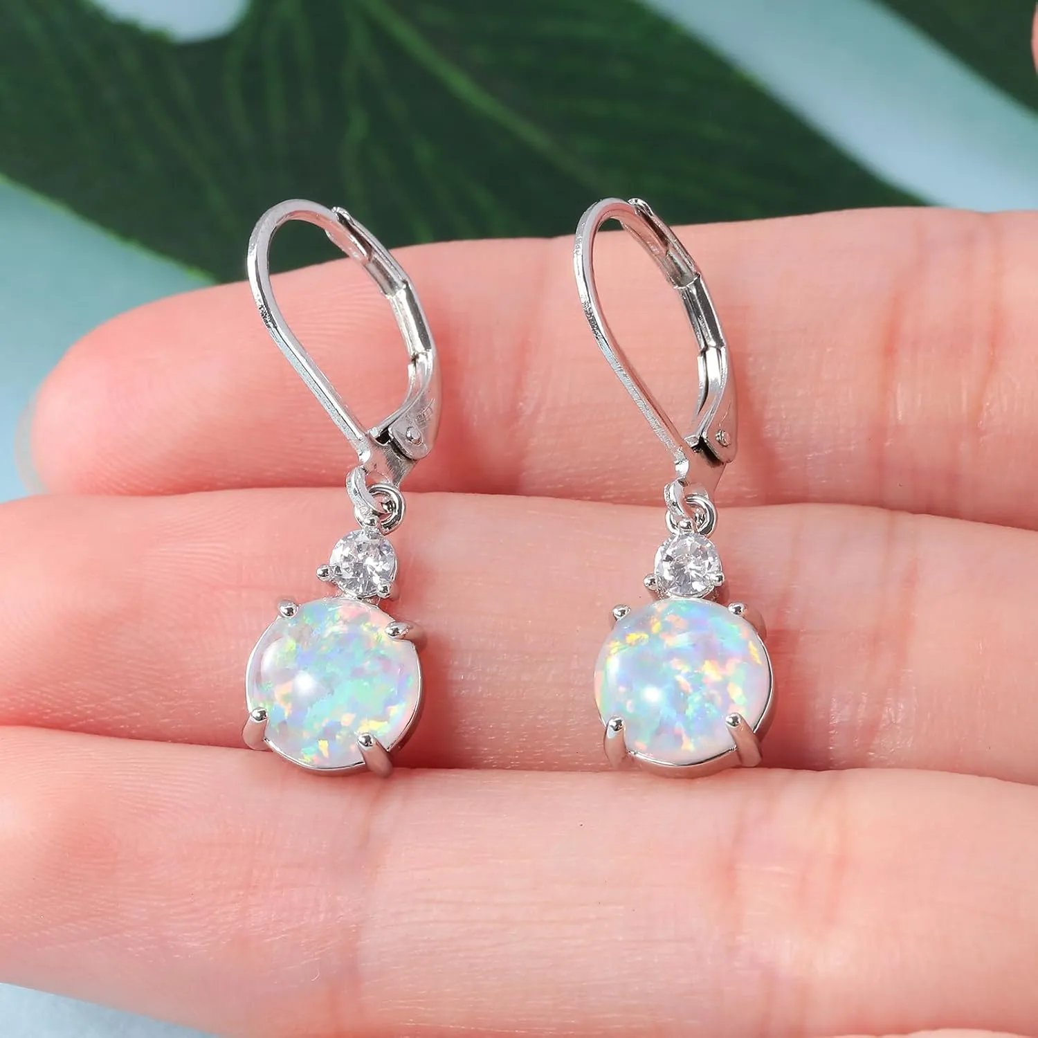 Datiny Round-Cut Opal Dangle Earrings Trendy 14k Gold Plated Dangle Earrings Leverback Gemstone Drop Earrings Hypoallergenic Birthstone CZ Earrings Jewelry Gifts for Women
