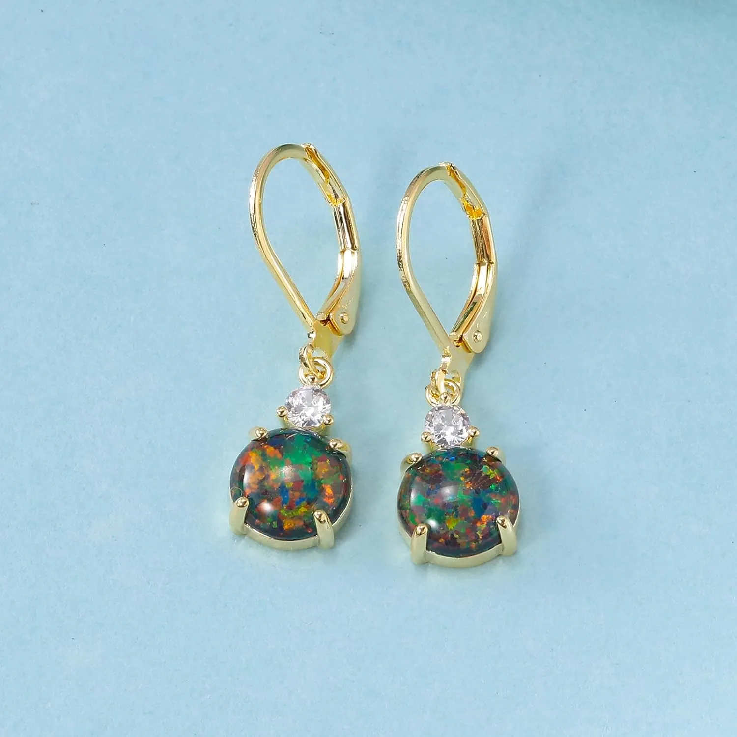 Datiny Round-Cut Opal Dangle Earrings Trendy 14k Gold Plated Dangle Earrings Leverback Gemstone Drop Earrings Hypoallergenic Birthstone CZ Earrings Jewelry Gifts for Women
