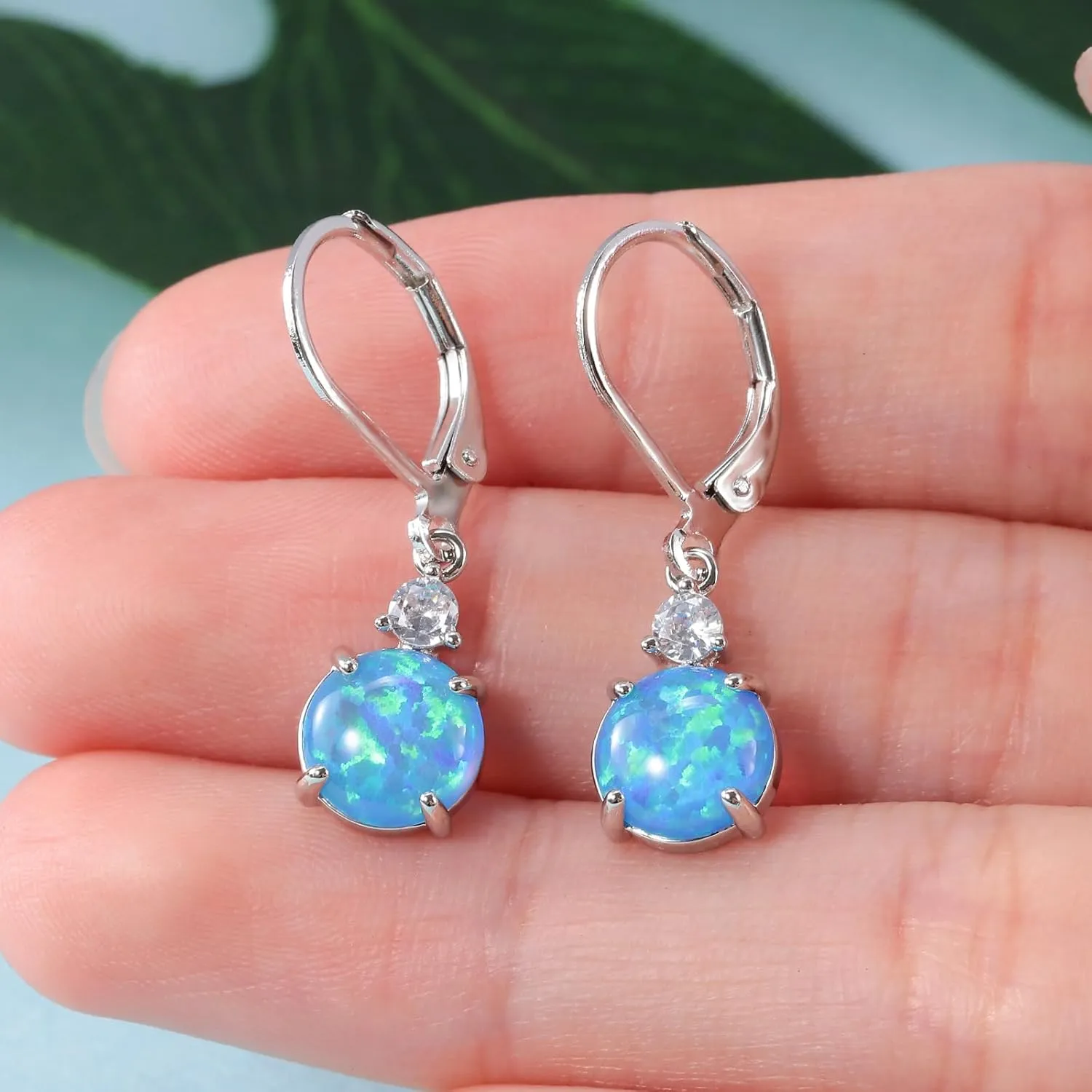 Datiny Round-Cut Opal Dangle Earrings Trendy 14k Gold Plated Dangle Earrings Leverback Gemstone Drop Earrings Hypoallergenic Birthstone CZ Earrings Jewelry Gifts for Women