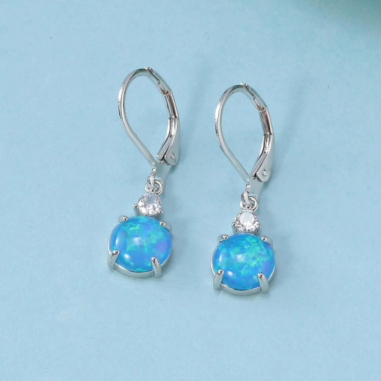 Datiny Round-Cut Opal Dangle Earrings Trendy 14k Gold Plated Dangle Earrings Leverback Gemstone Drop Earrings Hypoallergenic Birthstone CZ Earrings Jewelry Gifts for Women