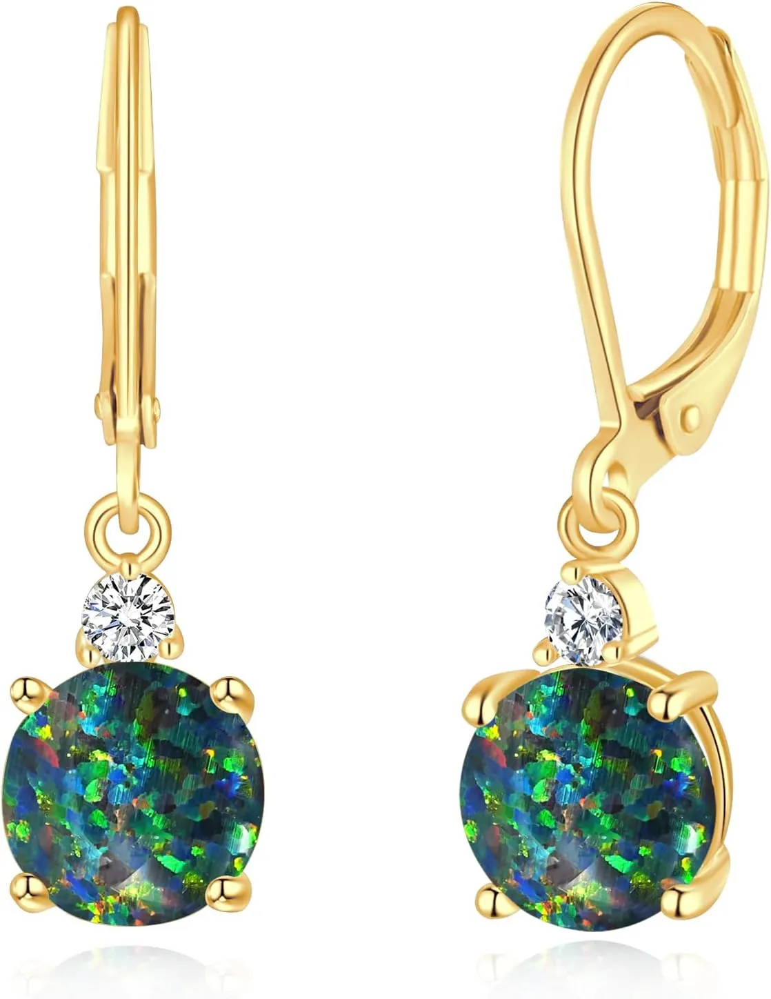 Datiny Round-Cut Opal Dangle Earrings Trendy 14k Gold Plated Dangle Earrings Leverback Gemstone Drop Earrings Hypoallergenic Birthstone CZ Earrings Jewelry Gifts for Women