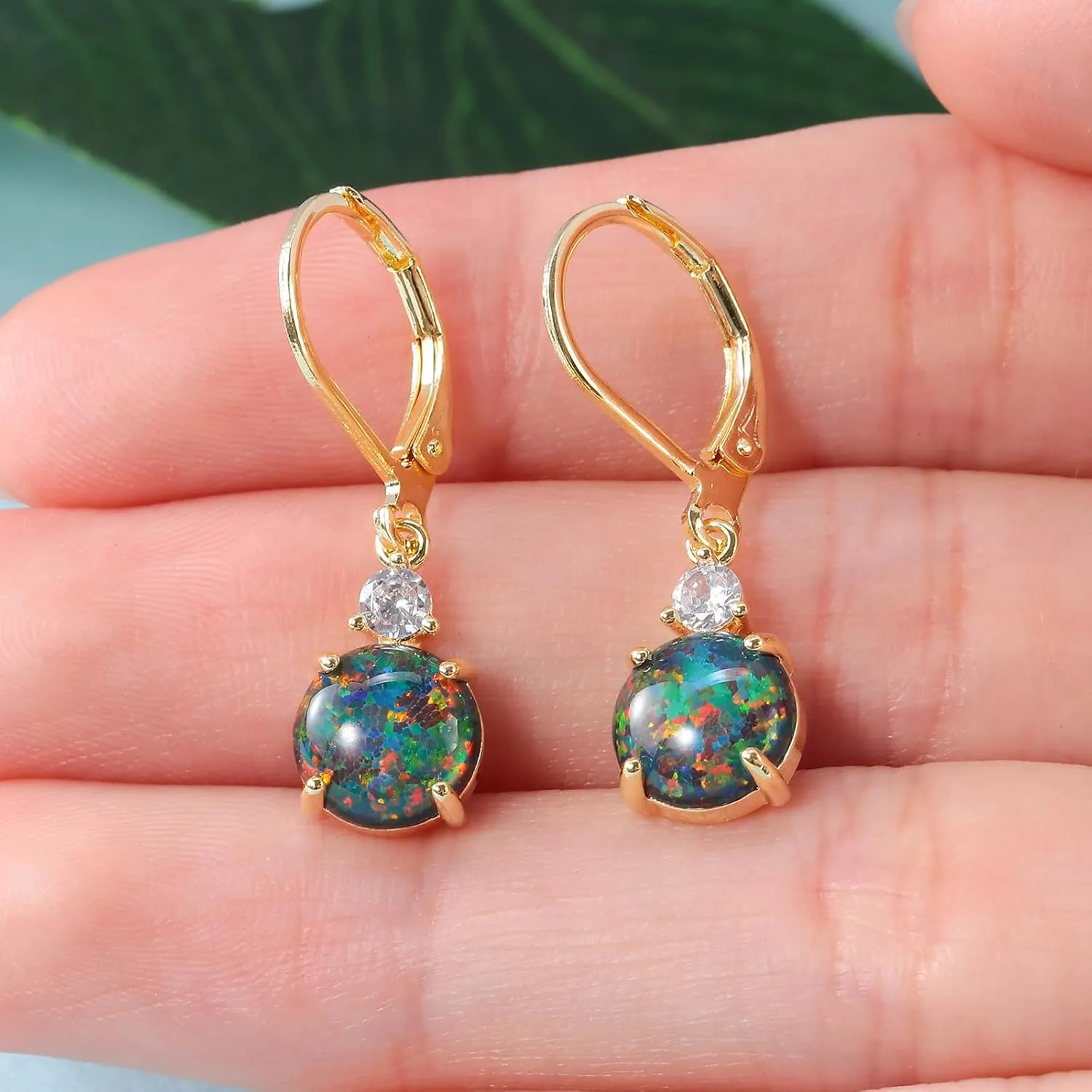 Datiny Round-Cut Opal Dangle Earrings Trendy 14k Gold Plated Dangle Earrings Leverback Gemstone Drop Earrings Hypoallergenic Birthstone CZ Earrings Jewelry Gifts for Women