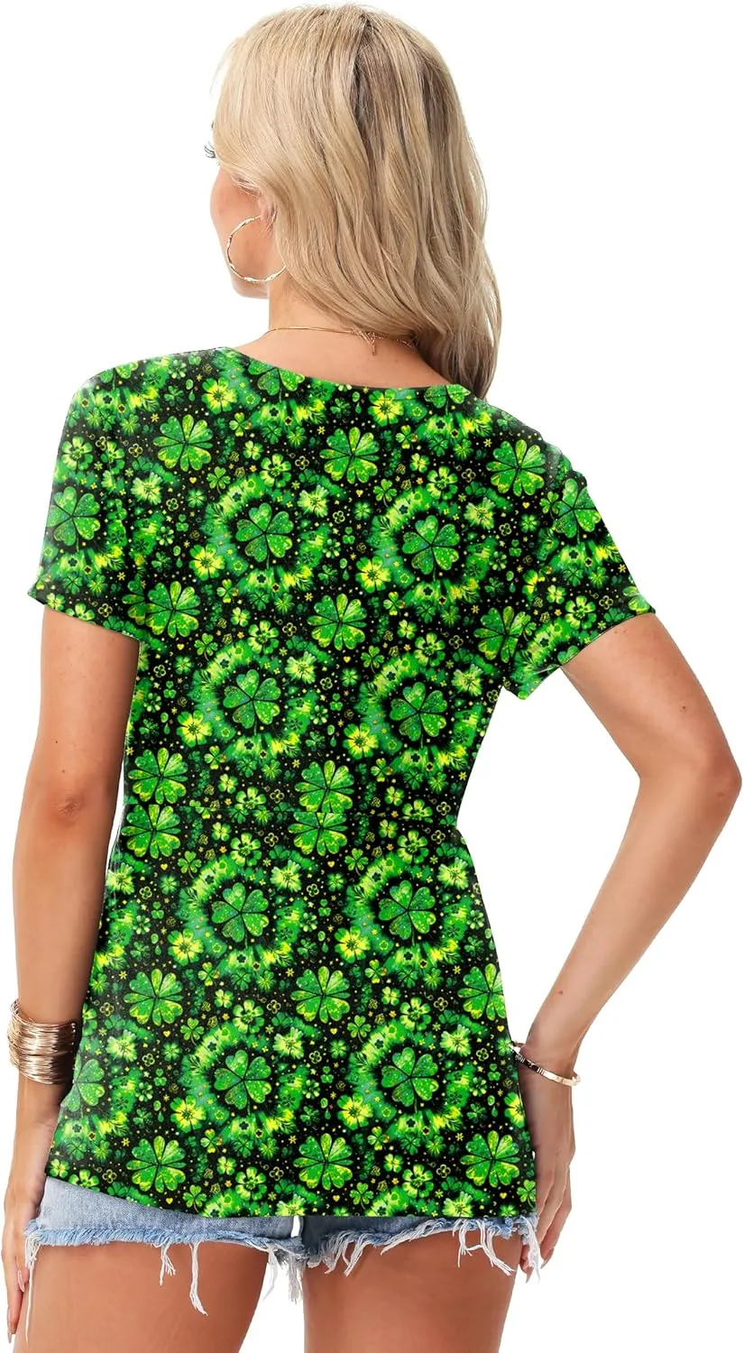 Deerose Women 4th of July Short Sleeve Shirt Patriotic V Neck Front Knotted Tunic Tops