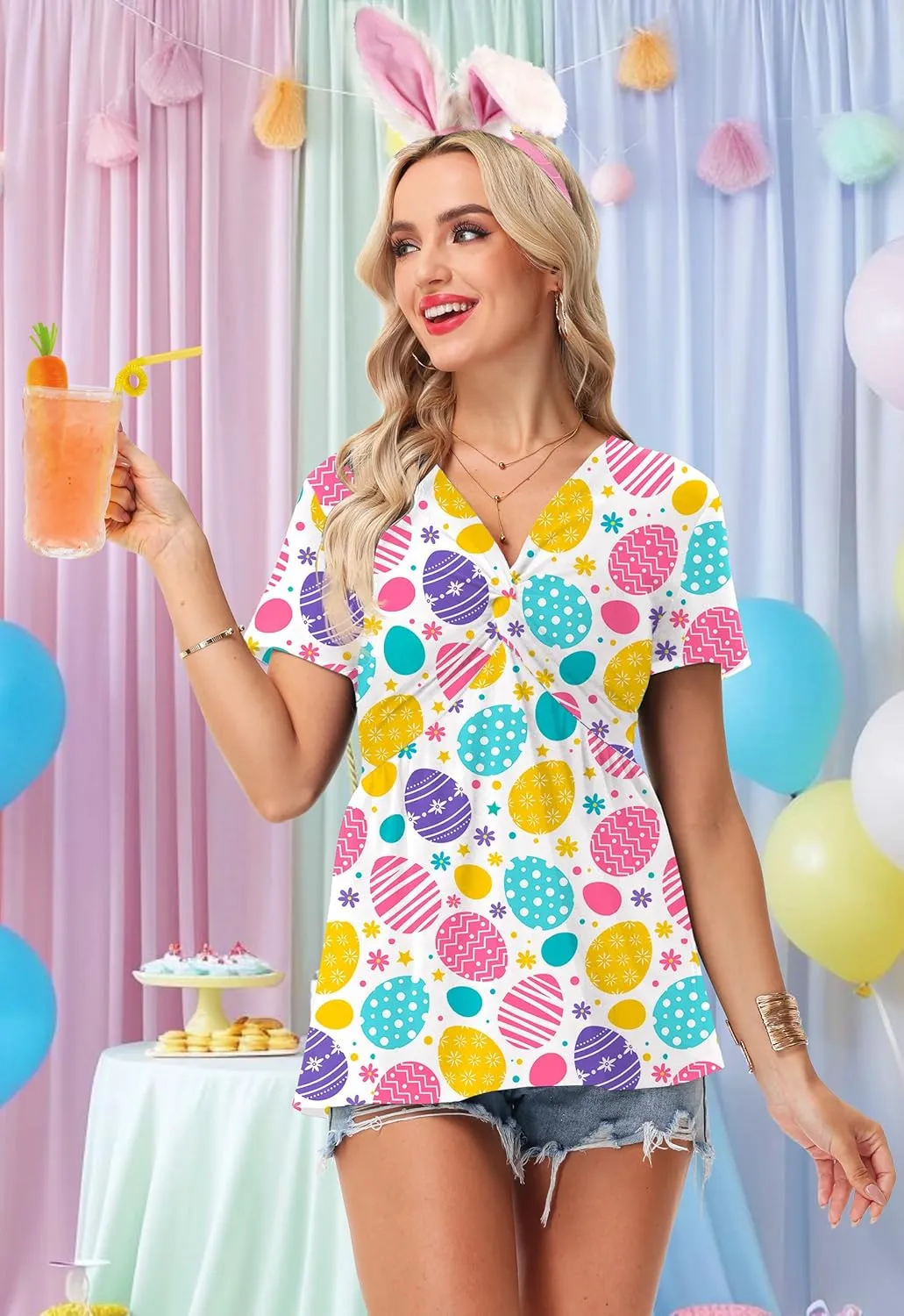 Deerose Women 4th of July Short Sleeve Shirt Patriotic V Neck Front Knotted Tunic Tops