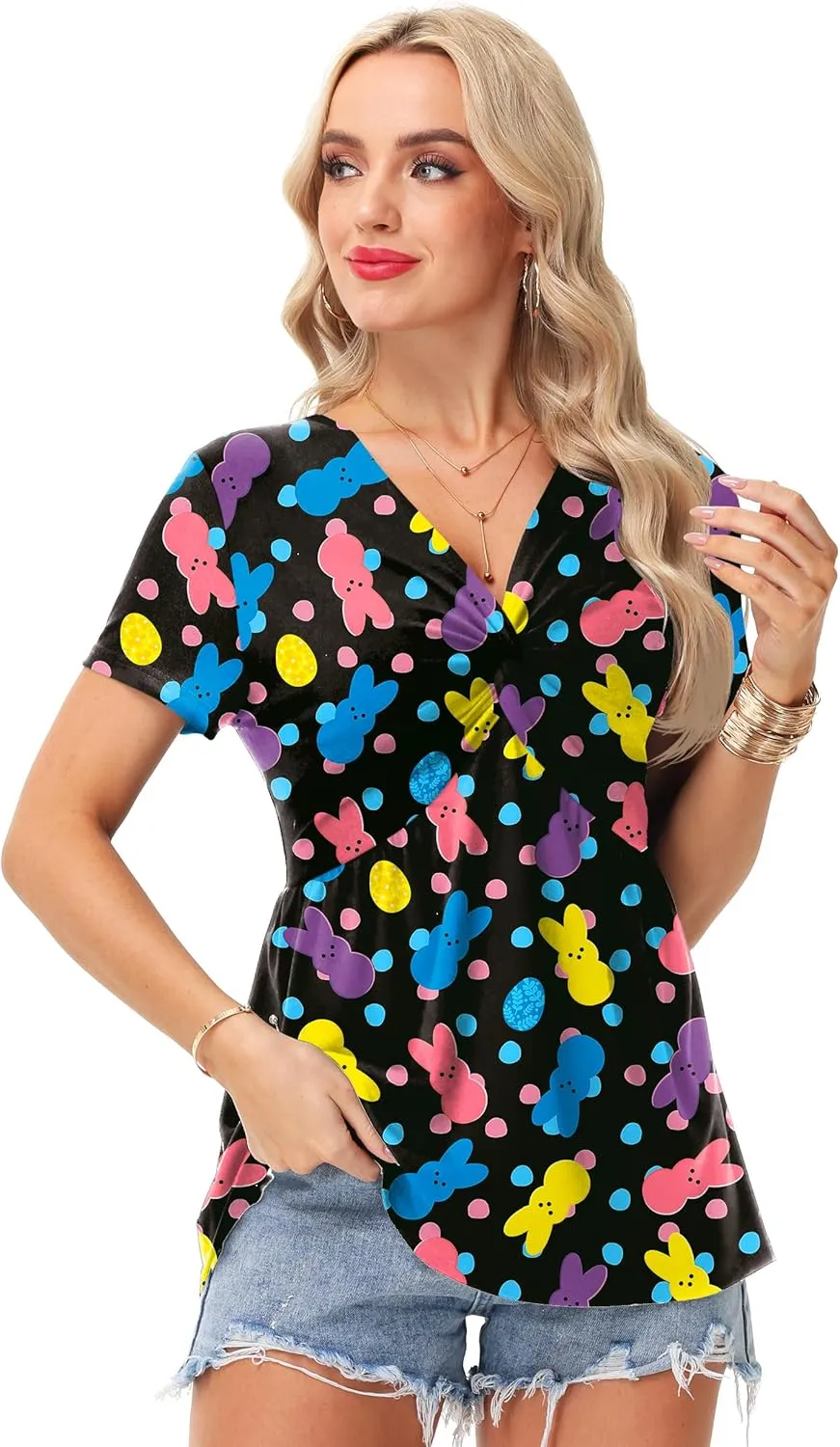 Deerose Women 4th of July Short Sleeve Shirt Patriotic V Neck Front Knotted Tunic Tops
