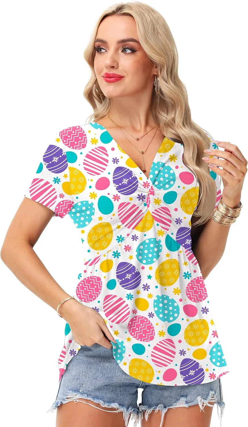 Deerose Women 4th of July Short Sleeve Shirt Patriotic V Neck Front Knotted Tunic Tops