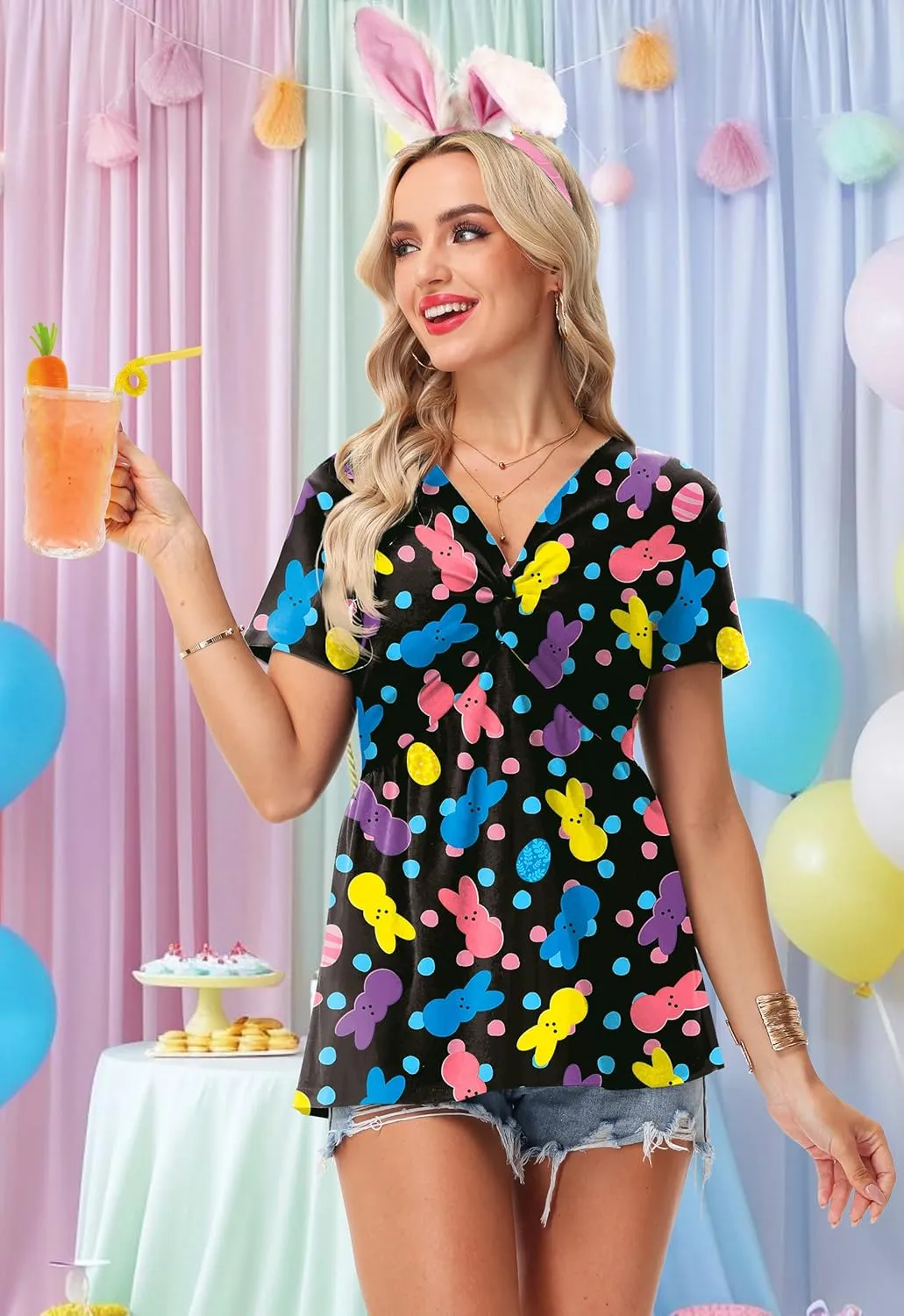 Deerose Women 4th of July Short Sleeve Shirt Patriotic V Neck Front Knotted Tunic Tops