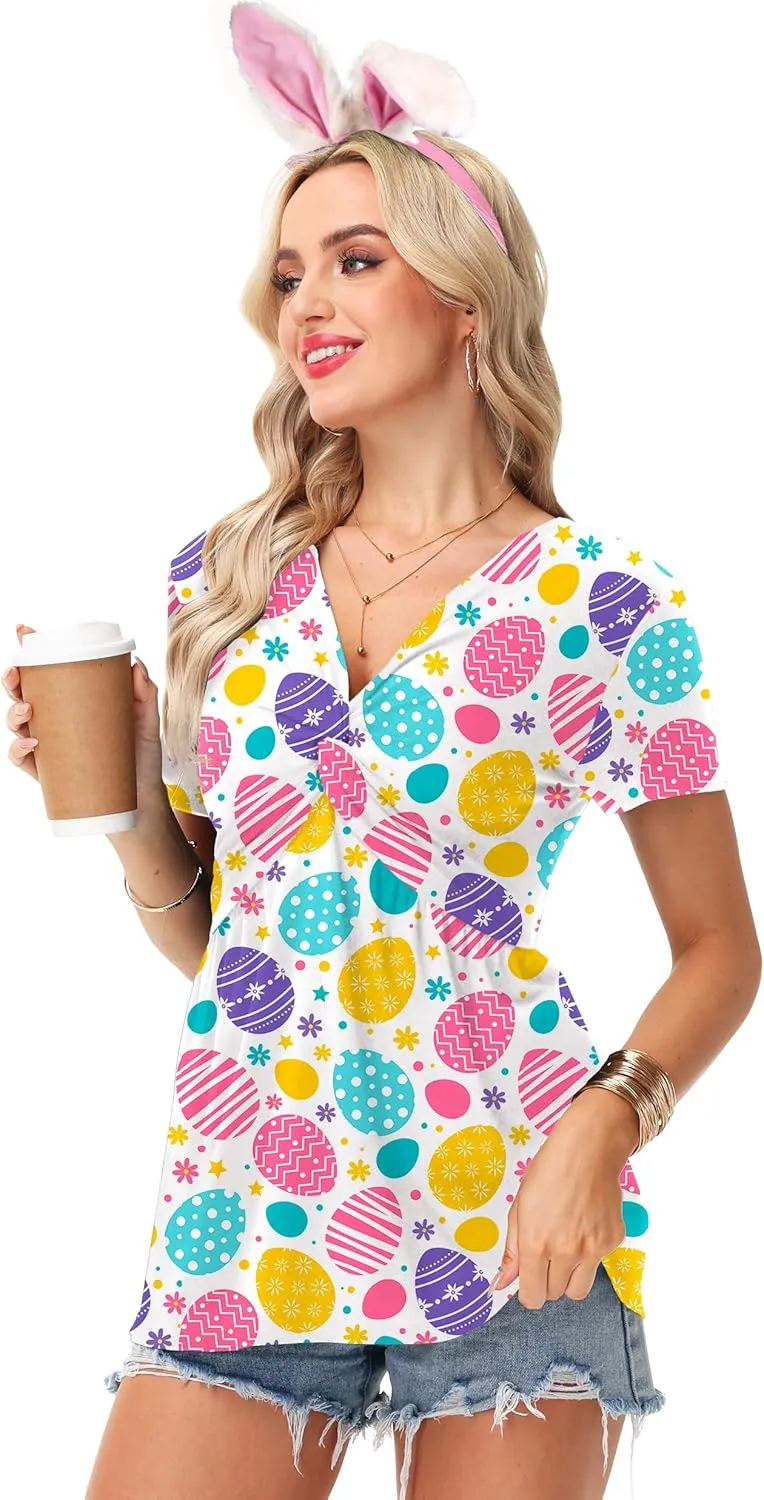 Deerose Women 4th of July Short Sleeve Shirt Patriotic V Neck Front Knotted Tunic Tops