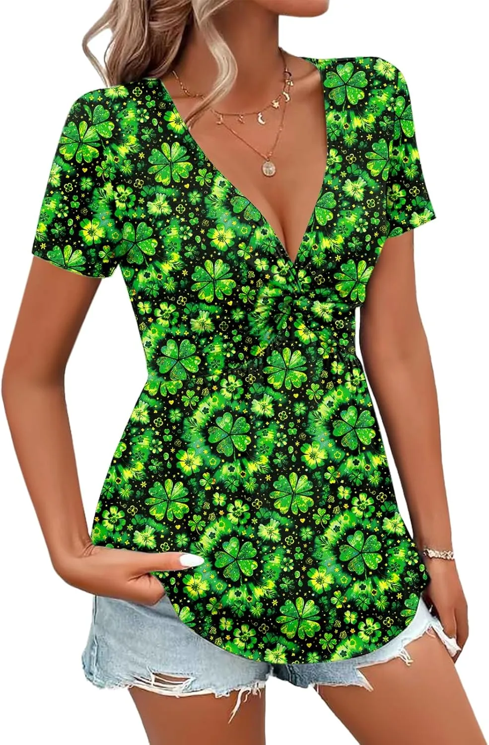 Deerose Women 4th of July Short Sleeve Shirt Patriotic V Neck Front Knotted Tunic Tops