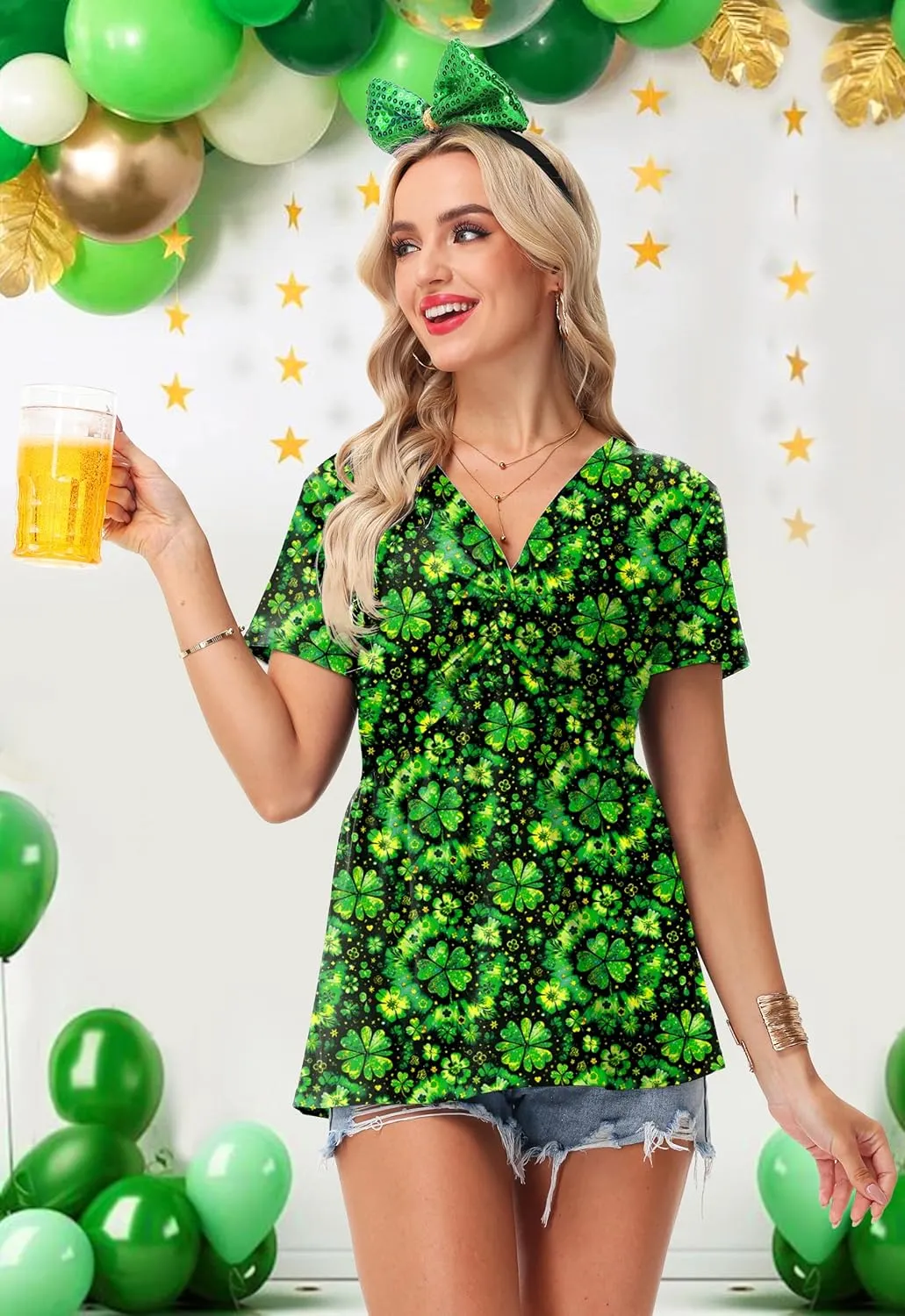 Deerose Women 4th of July Short Sleeve Shirt Patriotic V Neck Front Knotted Tunic Tops