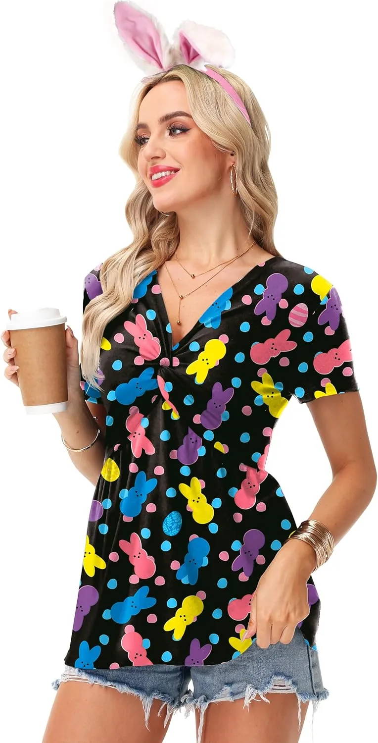 Deerose Women 4th of July Short Sleeve Shirt Patriotic V Neck Front Knotted Tunic Tops