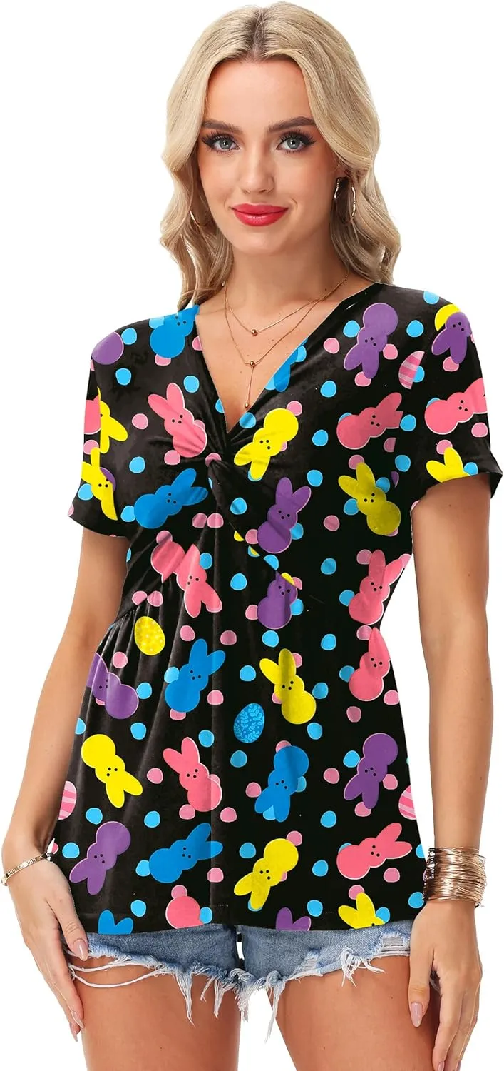Deerose Women 4th of July Short Sleeve Shirt Patriotic V Neck Front Knotted Tunic Tops